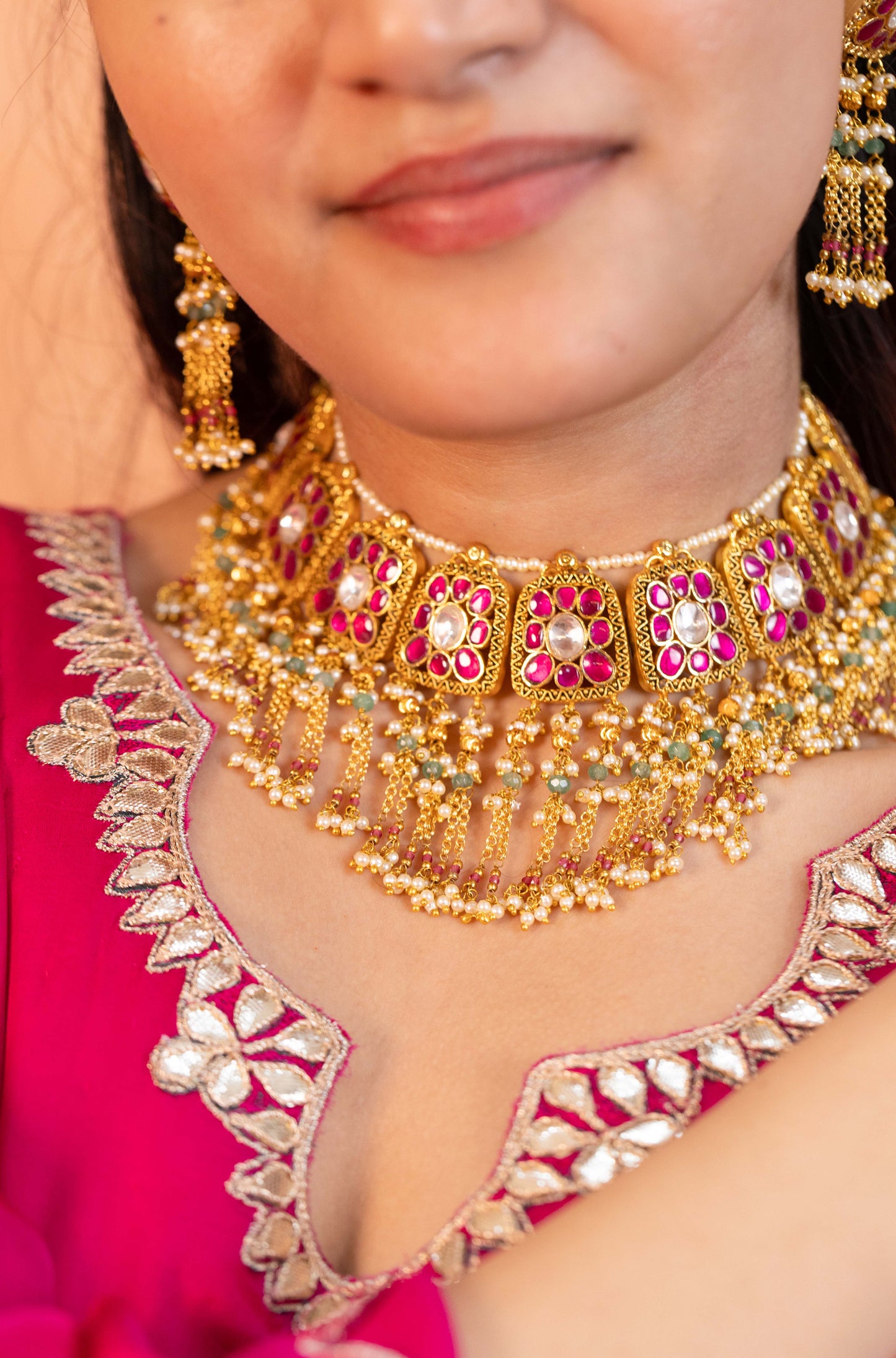Indian Bridal Pink Kundan Choker Set – Wedding Necklace & Earrings Jewelry