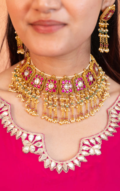 Indian Bridal Pink Kundan Choker Set – Wedding Necklace & Earrings Jewelry
