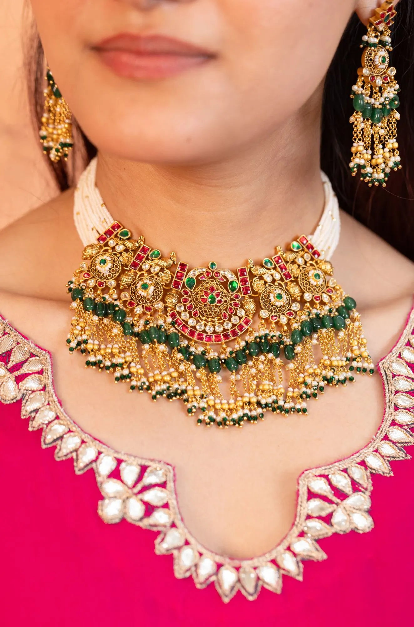 Kundan Pearl Choker Necklace Set with Green Beads  Gold Polki Bridal Jewelry Set with Earrings, Wedding Choker, Traditional Ethnic Jewelry