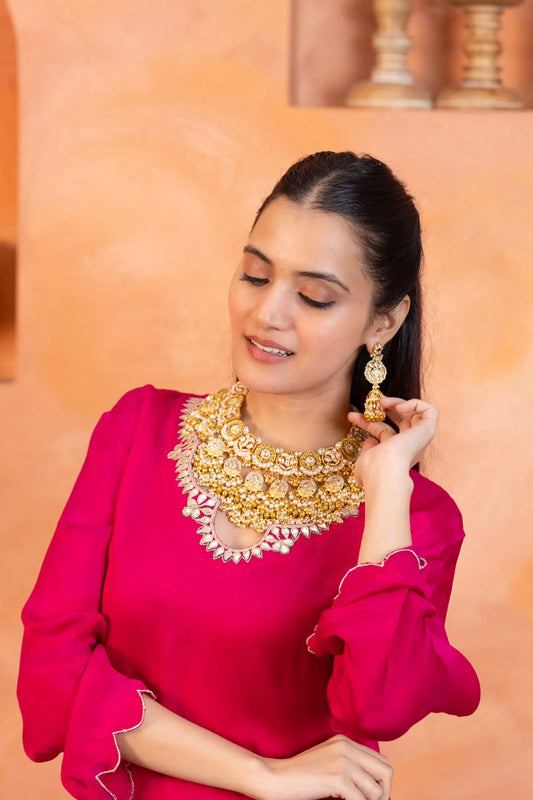 Gold Kundan Bridal Necklace Set with Pearl Jhumka Earrings, Traditional Indian Wedding Jewelry, Statement Choker Set