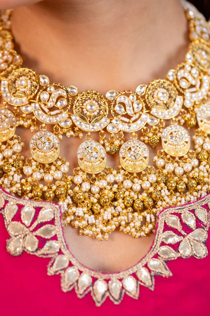 Gold Kundan Bridal Necklace Set with Pearl Jhumka Earrings, Traditional Indian Wedding Jewelry, Statement Choker Set