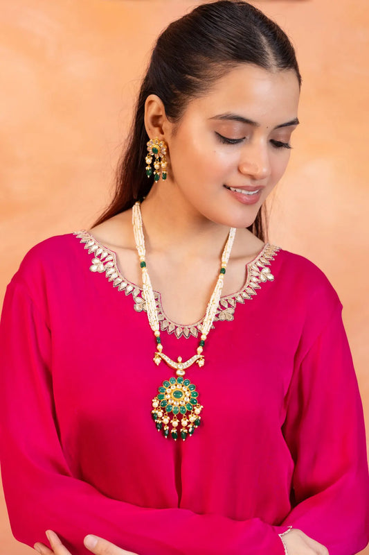 Green Kundan Pendant Necklace Set with Earrings, Polki Bridal Jewelry, Stone Jewelry, Ethnic Wedding Pendant Set