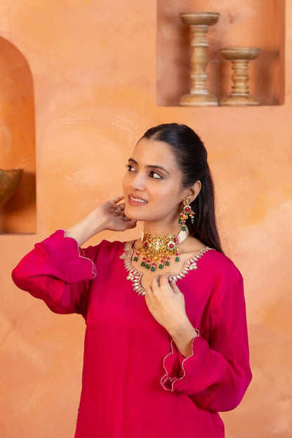 Handicraft Kundan Pearl Choker Set Jewelry, Green & Pink Bead Necklace Earrings