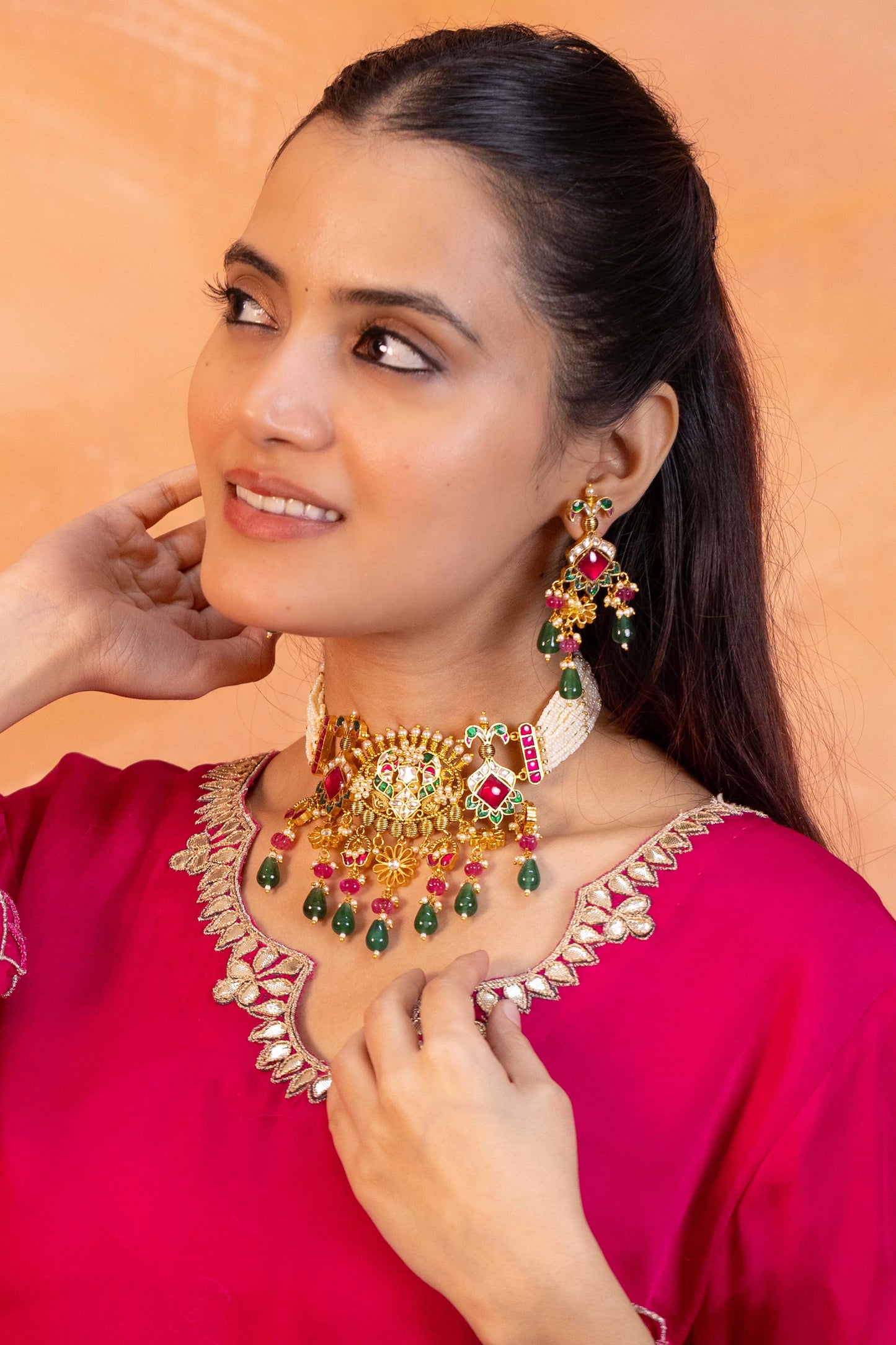 Handicraft Kundan Pearl Choker Set Jewelry, Green & Pink Bead Necklace Earrings