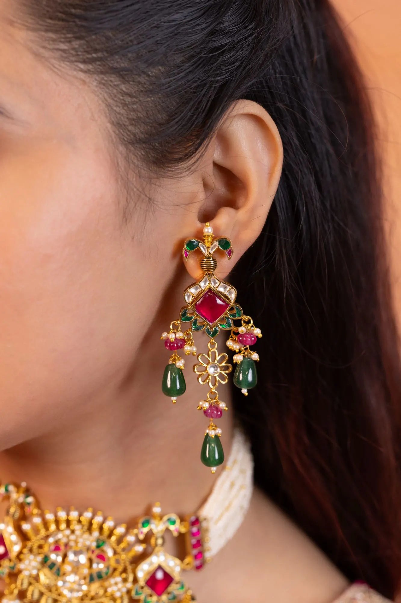 Handicraft Kundan Pearl Choker Set Jewelry, Green & Pink Bead Necklace Earrings