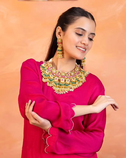 Traditional Kundan Choker Set, Gold Plated Bridal Necklace, Green Bead Earrings Jewelry Gift