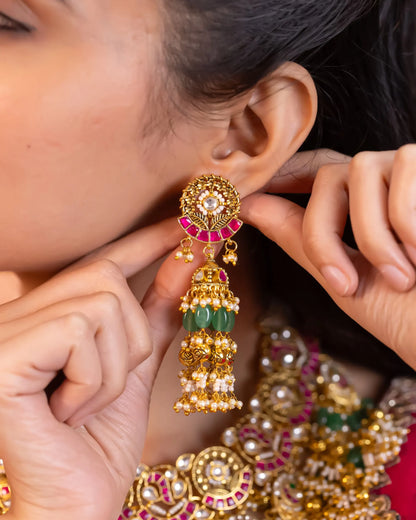 Traditional Kundan Choker Set, Gold Plated Bridal Necklace, Green Bead Earrings Jewelry Gift