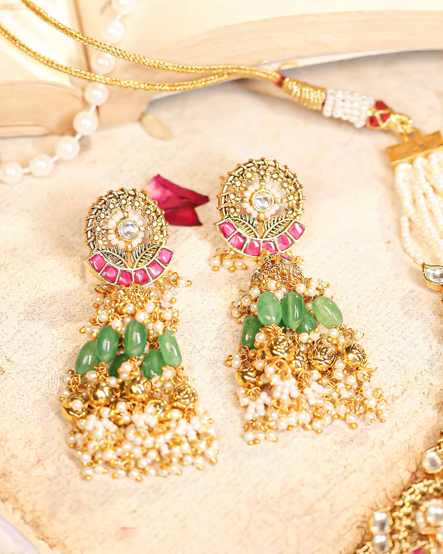 Traditional Kundan Choker Set, Gold Plated Bridal Necklace, Green Bead Earrings Jewelry Gift