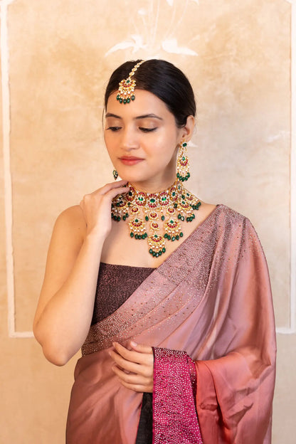 Kundan Choker Set, Green Bead Indian Bridal Handicrafts Fashion Jewelry