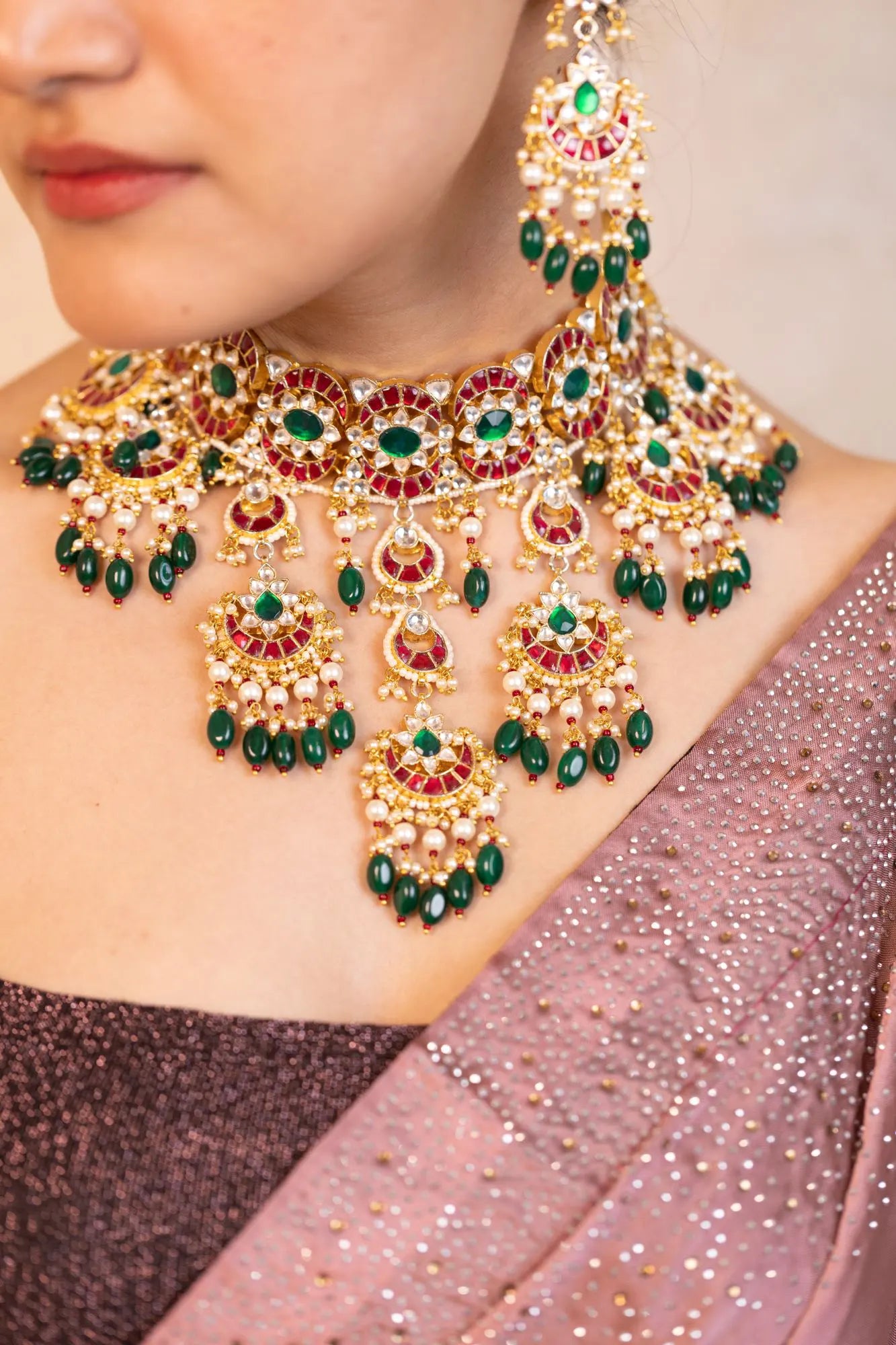 Kundan Choker Set, Green Bead Indian Bridal Handicrafts Fashion Jewelry