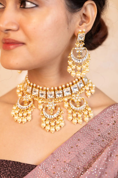 Traditional Polki Kundan Choker Set, Pearl Wedding Necklace & Earrings, Bridal Ethnic Jewelry