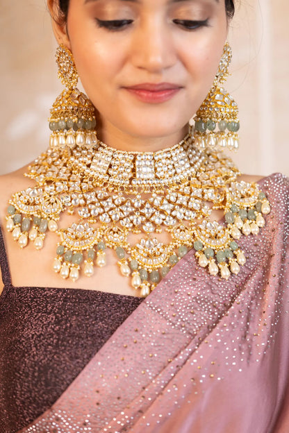 Kundan Bridal Necklace Set with Mint Green Beads, Indian Wedding Jewelry Set, Gold Pearl Choker Necklace, Pakistani Bridal Jewelry