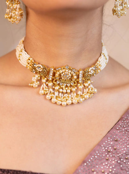 Pearl Kundan Choker Necklace Set with Earrings, Indian Bridal Jewelry, White Stone Choker, Traditional Wedding Jewelry, Gold Necklace