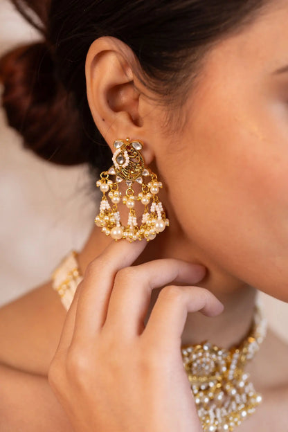 Pearl Kundan Choker Necklace Set with Earrings, Indian Bridal Jewelry, White Stone Choker, Traditional Wedding Jewelry, Gold Necklace