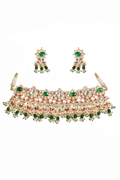 Gold Plated Kundan Sparkling Choker & Earrings Set – Bridal Necklace