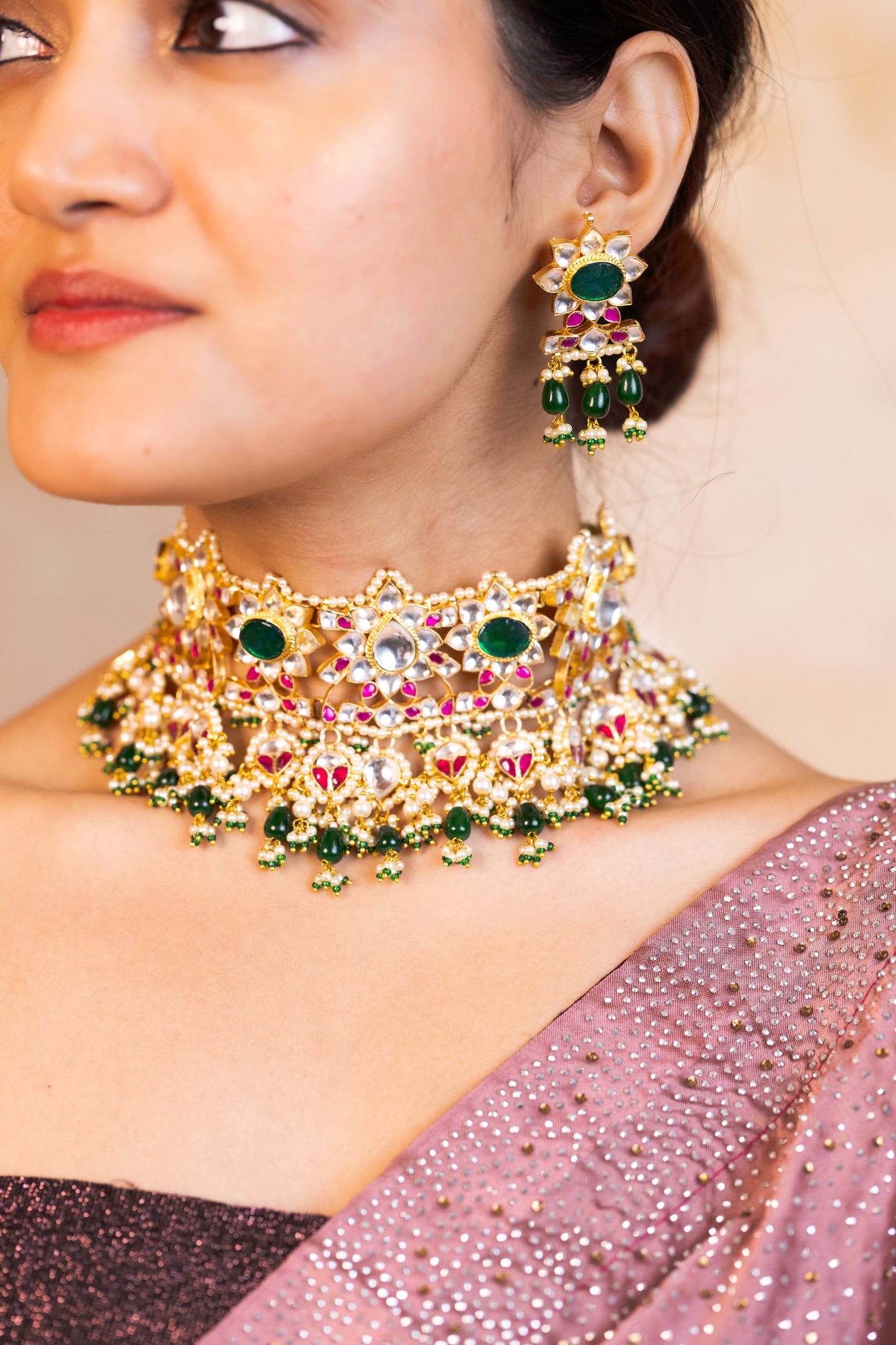 Gold Plated Kundan Sparkling Choker & Earrings Set – Bridal Necklace
