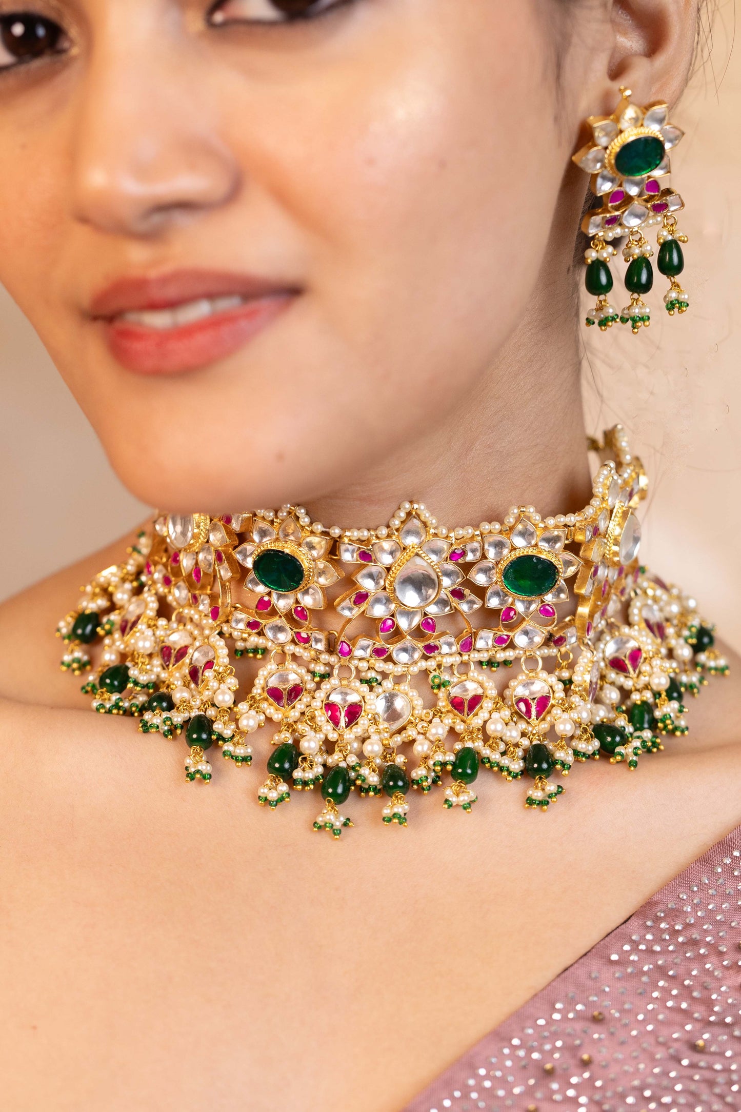 Gold Plated Kundan Sparkling Choker & Earrings Set – Bridal Necklace