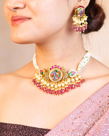 Peacock Kundan Choker Set with Pearl Earrings, Bridal Wedding Necklace Traditional Jewelry