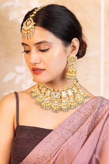 Gold Plated Kundan Bridal Choker Set, Pearl Drop Earrings & Maang Tikka