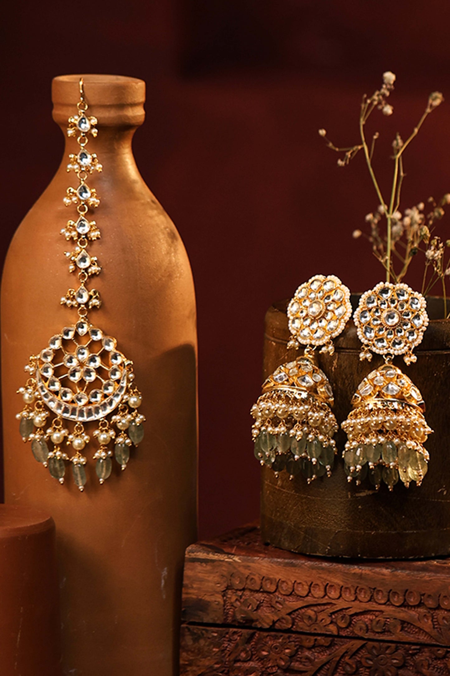 Gold Plated Kundan Bridal Choker Set, Pearl Drop Earrings & Maang Tikka