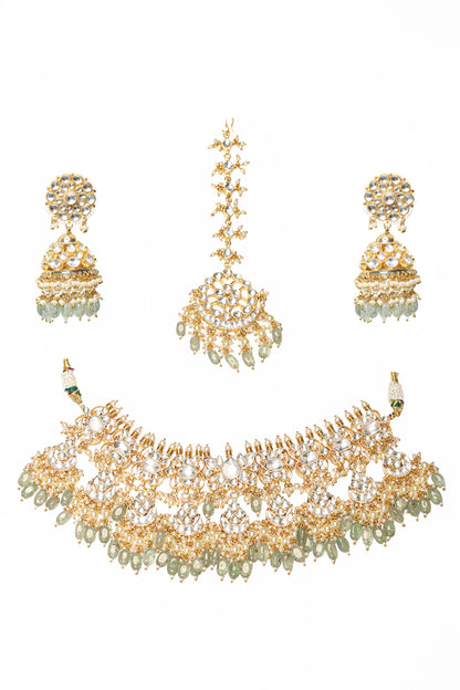 Gold Plated Kundan Bridal Choker Set, Pearl Drop Earrings & Maang Tikka