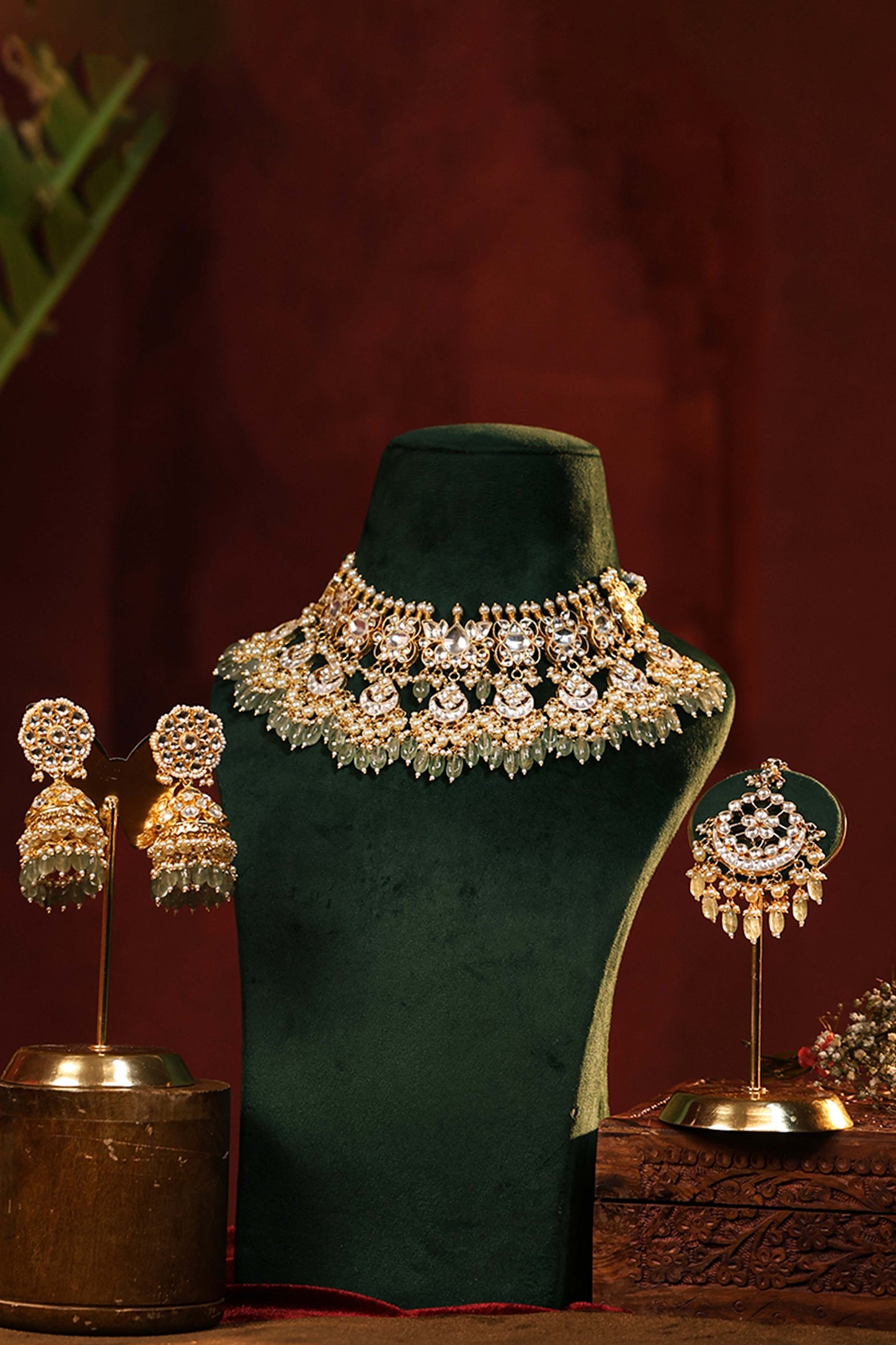 Gold Plated Kundan Bridal Choker Set, Pearl Drop Earrings & Maang Tikka