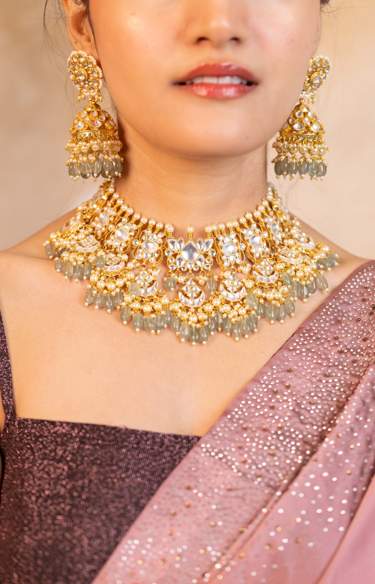 Gold Plated Kundan Bridal Choker Set, Pearl Drop Earrings & Maang Tikka