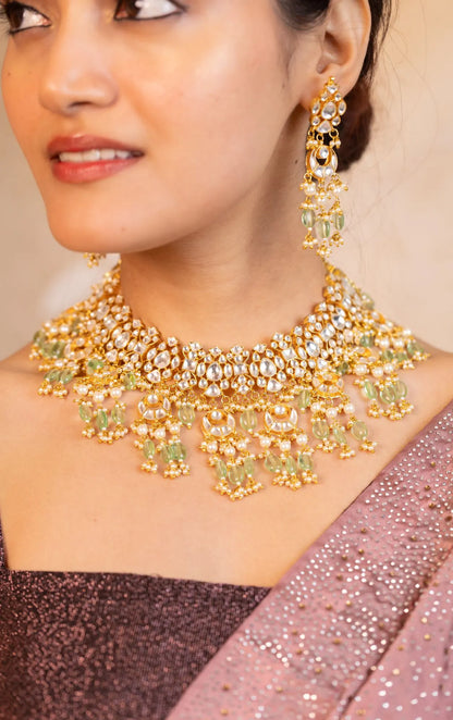 Kundan Bridal Necklace Set, Mint Green Beads, Gold Pearl Choker, Indian Wedding Jewelry