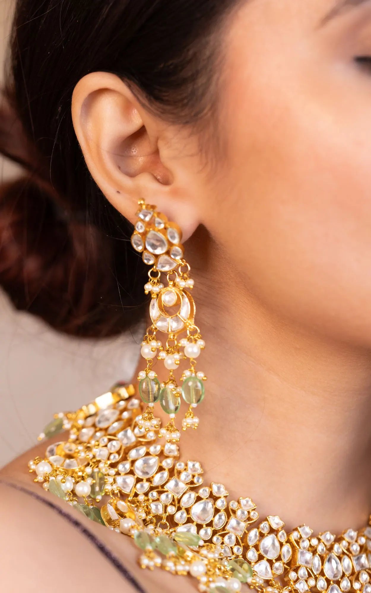 Kundan Bridal Necklace Set, Mint Green Beads, Gold Pearl Choker, Indian Wedding Jewelry