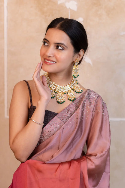 Kundan Polki Choker Green Beads Necklace Set: Indian Wedding Jewelry, 18k Gold Plated Bridal Jewelry Gift for her