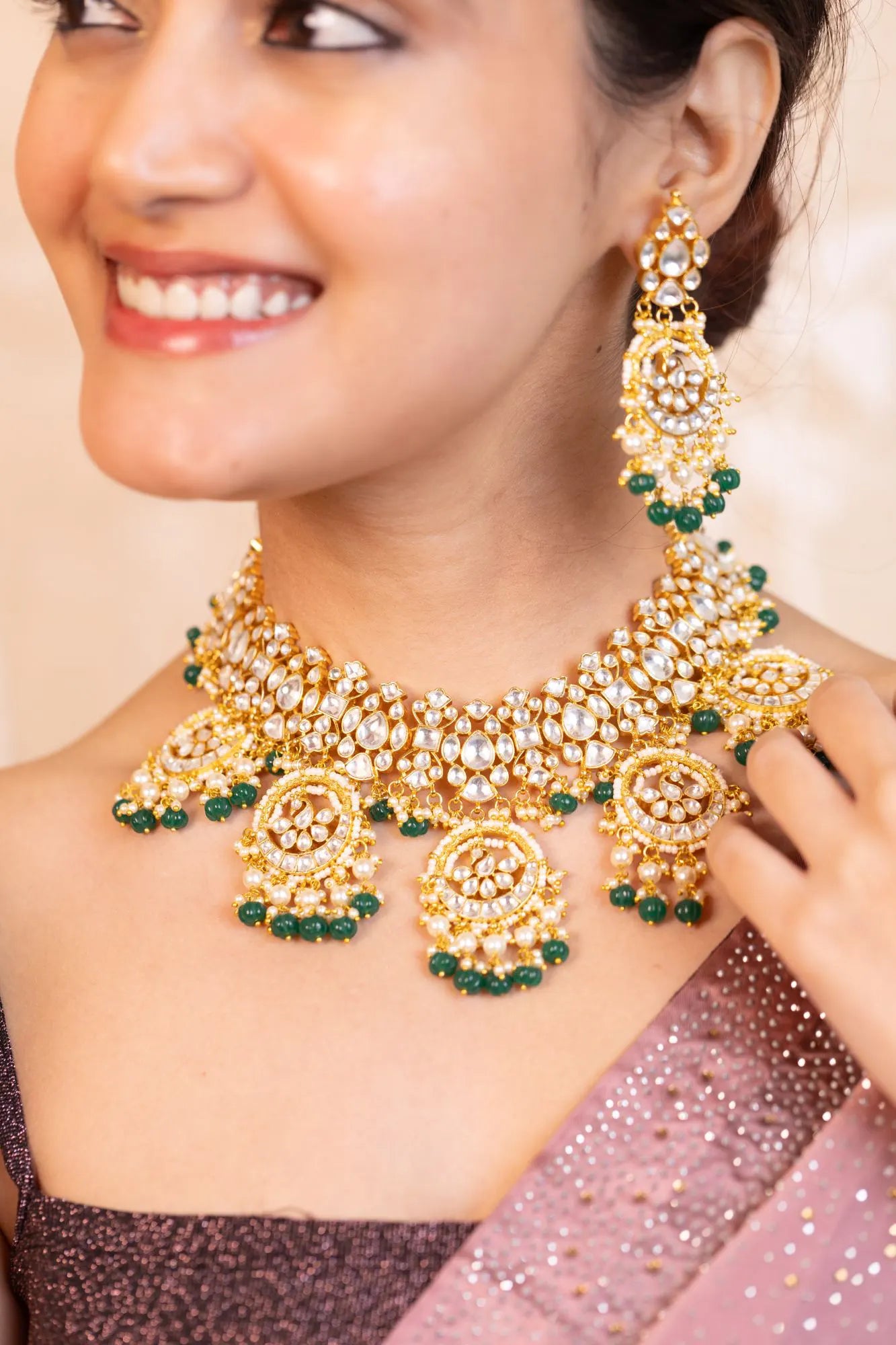 Kundan Polki Choker Green Beads Necklace Set: Indian Wedding Jewelry, 18k Gold Plated Bridal Jewelry Gift for her