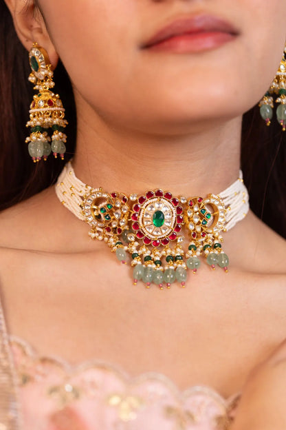 Kundan Pearl Choker Set with Beads  Gold Polki Bridal Necklace & Earrings, Indian Wedding Jewelry, Traditional Ethnic Choker Necklace