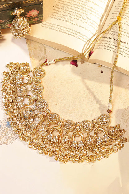 Ethnic White Kundan Pearl Choker Necklace & Earring Jewelry Set for Bridal