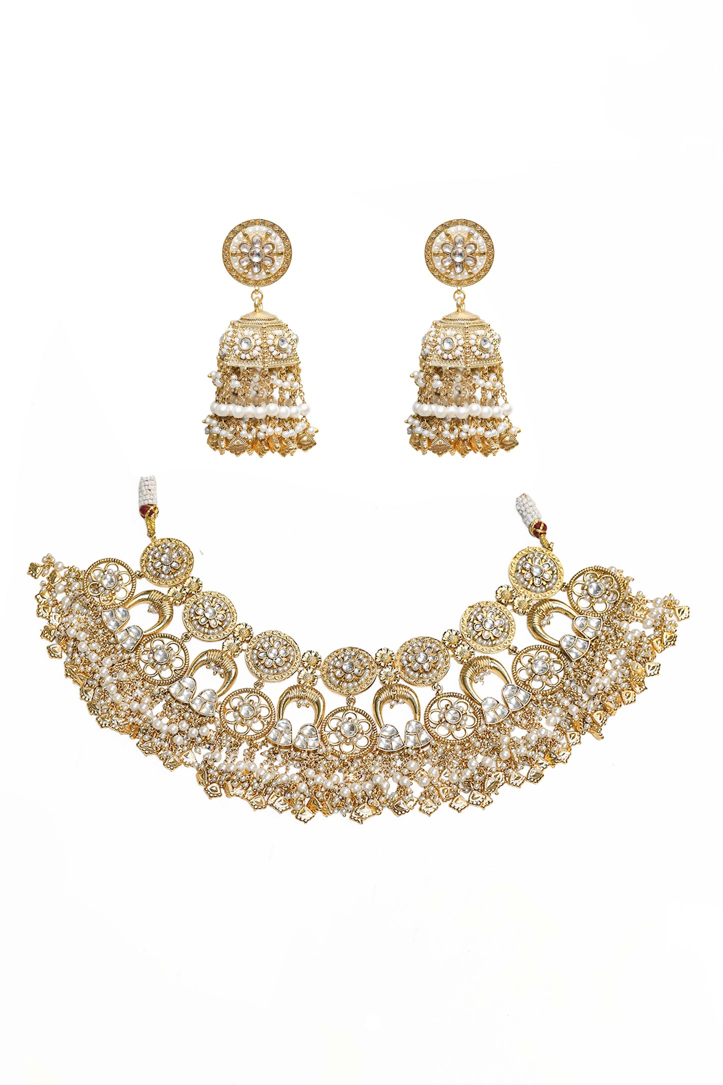 Ethnic White Kundan Pearl Choker Necklace & Earring Jewelry Set for Bridal