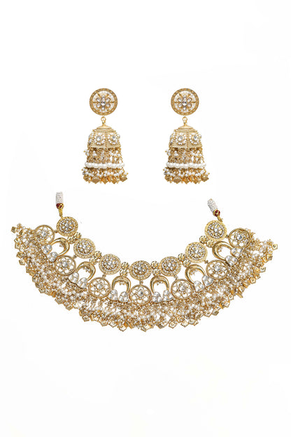 Ethnic White Kundan Pearl Choker Necklace & Earring Jewelry Set for Bridal