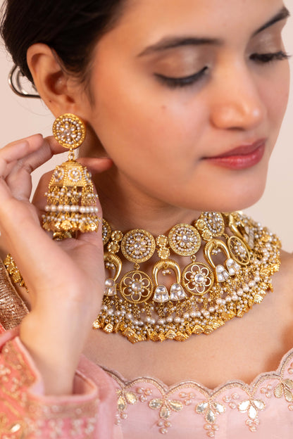 Ethnic White Kundan Pearl Choker Necklace & Earring Jewelry Set for Bridal