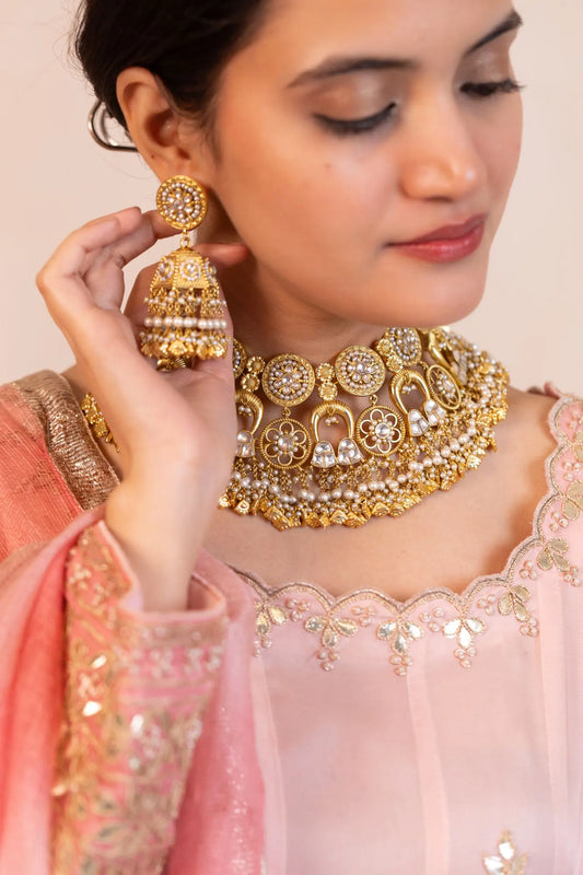 Gold Kundan Bridal Necklace Set with Pearl Jhumka Earrings, Traditional Indian Wedding Jewelry, Statement Choker Set
