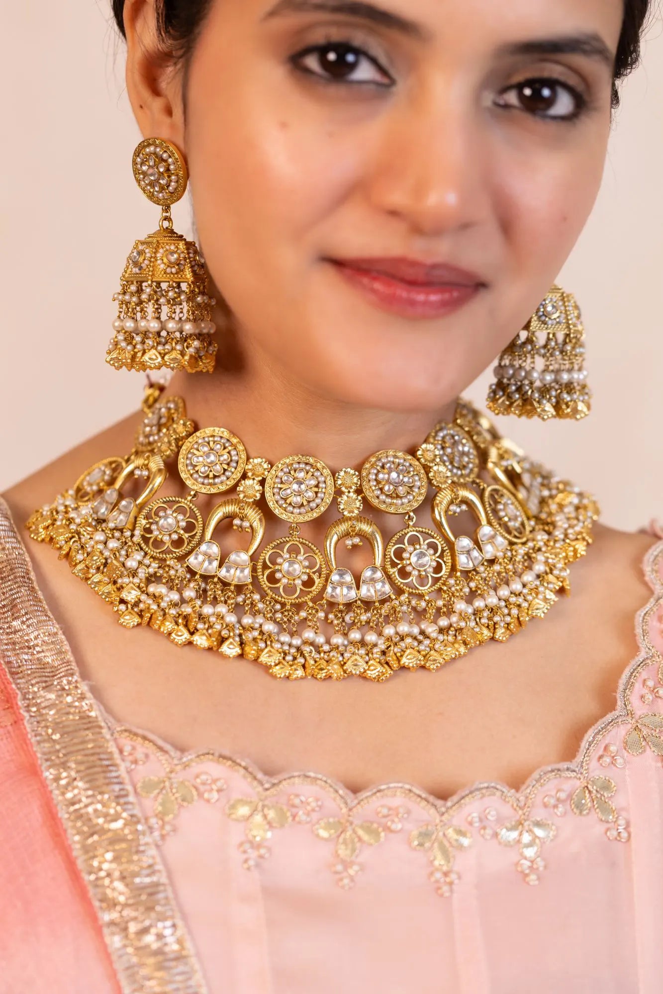Gold Kundan Bridal Necklace Set with Pearl Jhumka Earrings, Traditional Indian Wedding Jewelry, Statement Choker Set