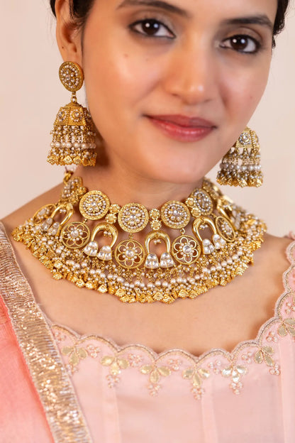 Gold Kundan Bridal Necklace Set with Pearl Jhumka Earrings, Traditional Indian Wedding Jewelry, Statement Choker Set