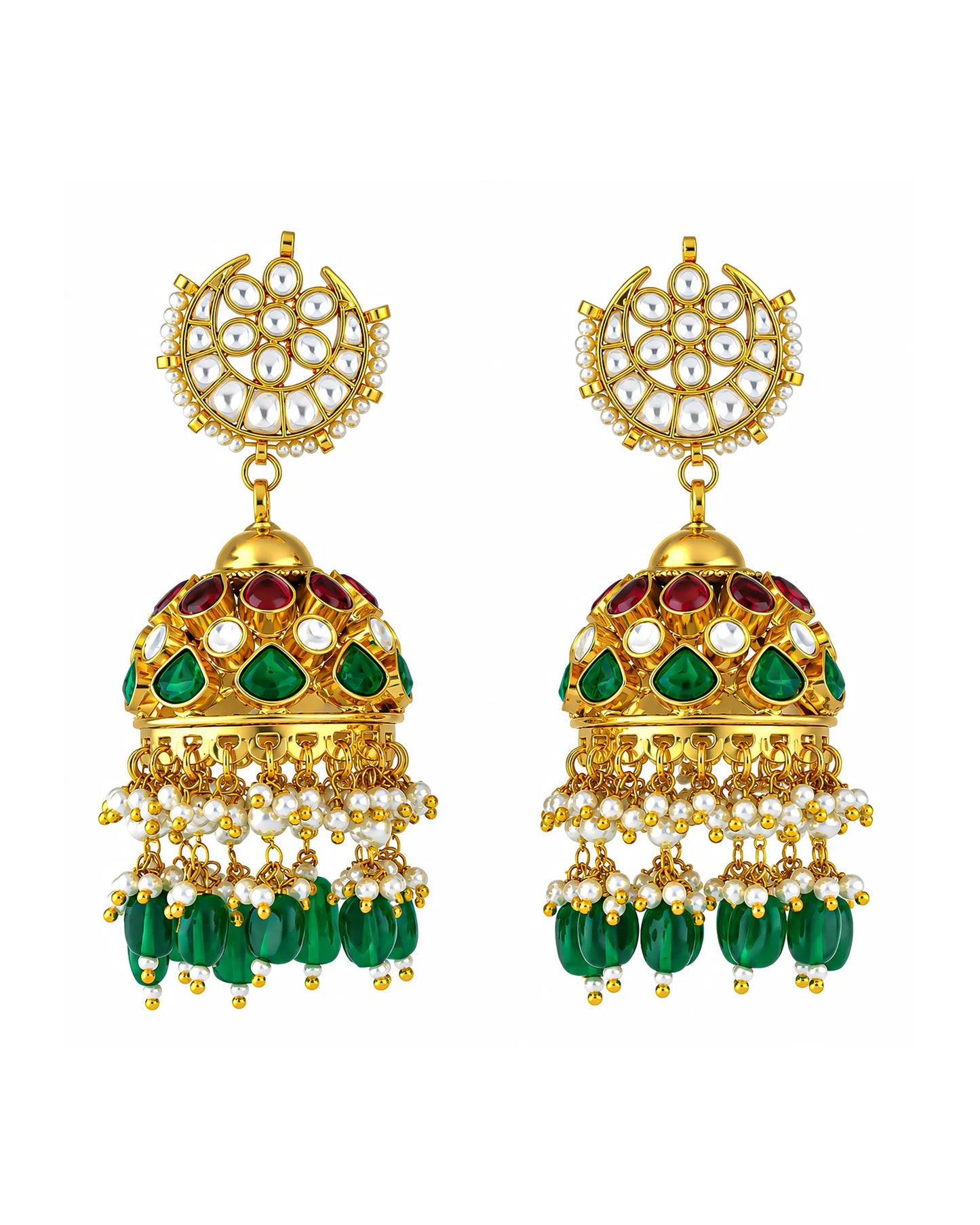 Gold Plated Jadau Jhumka Earrings with Green Beads