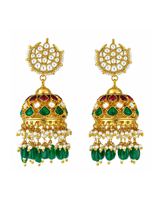 Gold Plated Jadau Jhumka Earrings with Green Beads