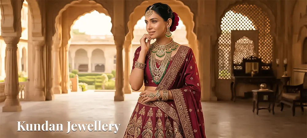 Woman in traditional attire with jewelry in a Kundan Jewellery