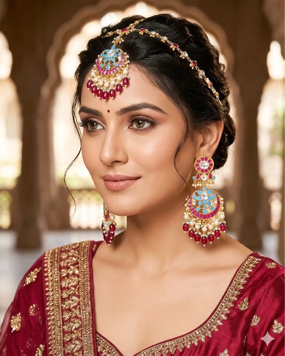 Gold-Plated Kundan Chandbali Earrings with Maang Tikka, Pearl Drop Indian Jewelry