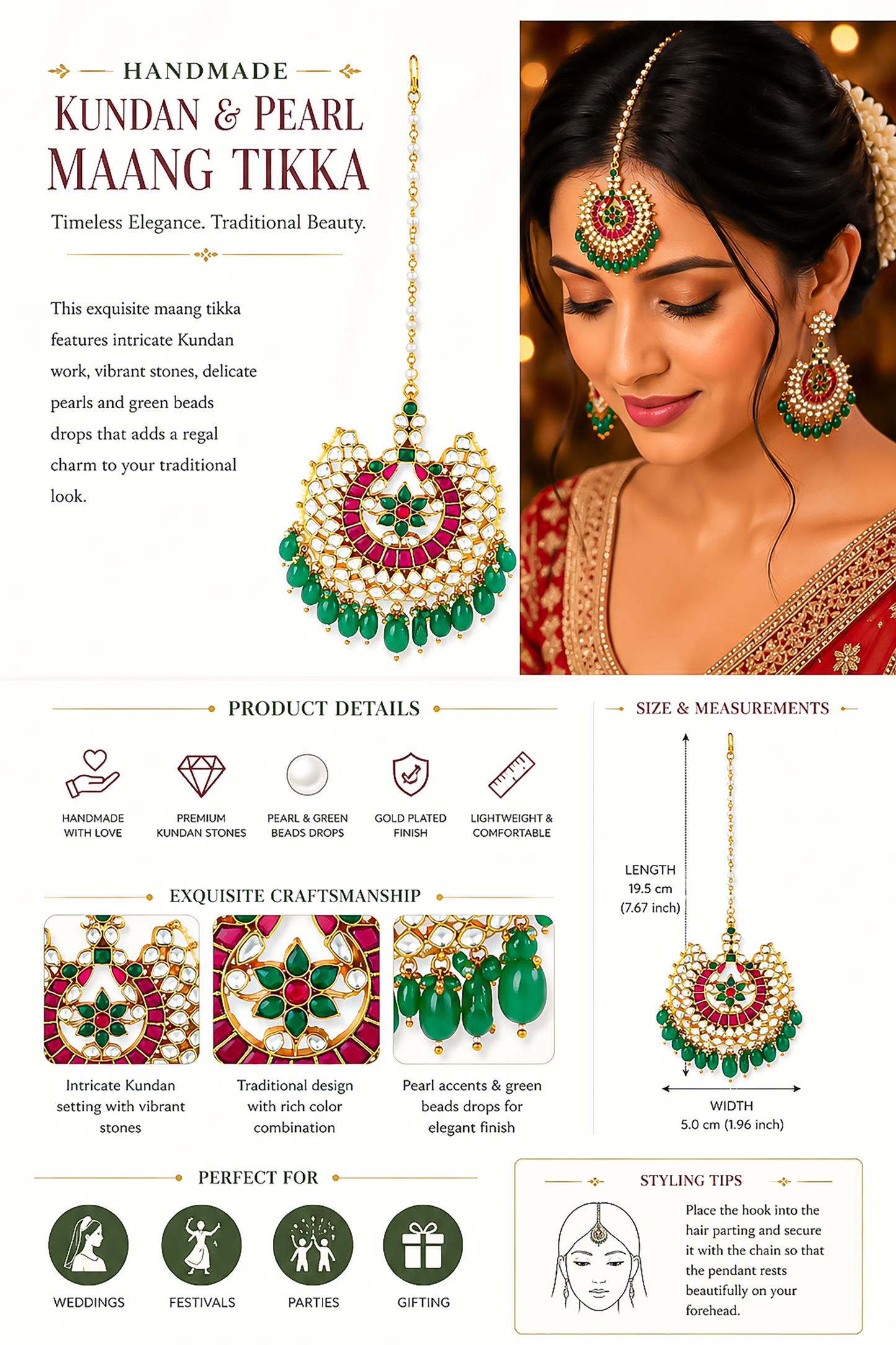 Kundan Pearl Bridal Maang Tikka, Green Wedding Headpiece