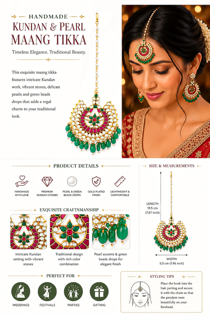 Kundan Pearl Bridal Maang Tikka, Green Wedding Headpiece