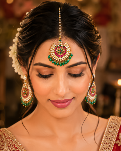 Kundan Pearl Bridal Maang Tikka, Green Wedding Headpiece