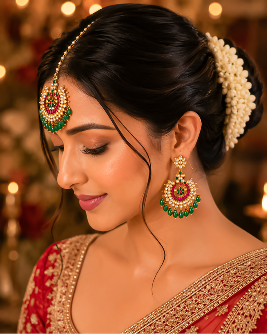 Kundan Pearl Bridal Maang Tikka, Green Wedding Headpiece