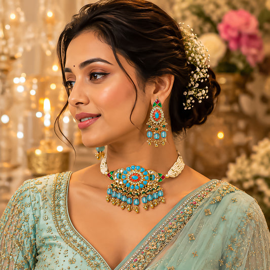 Blue Kundan Choker Necklace Set Pearl Multi-Strand Polki