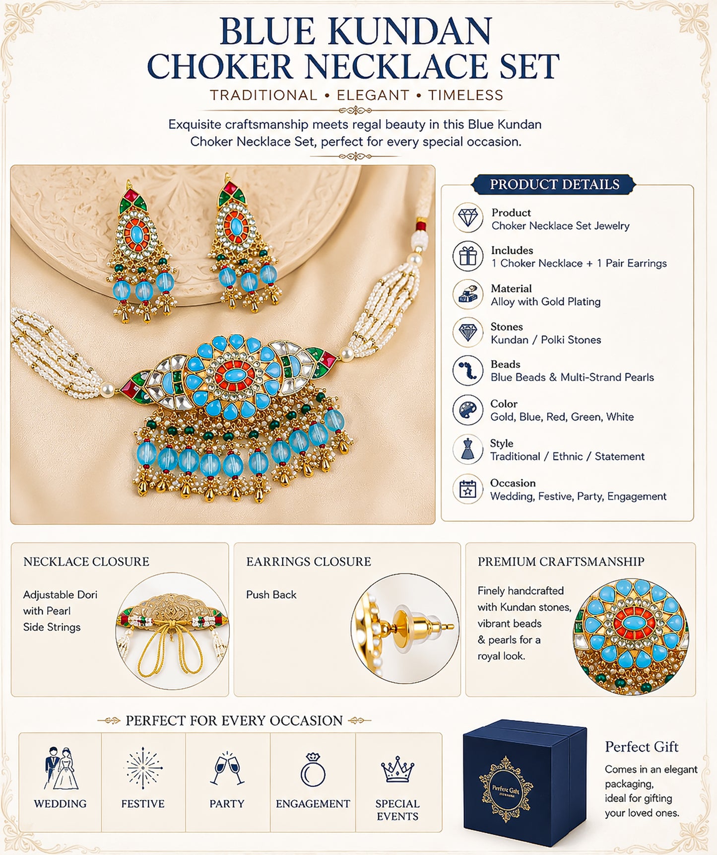 Blue Kundan Choker Necklace Set Pearl Multi-Strand Polki