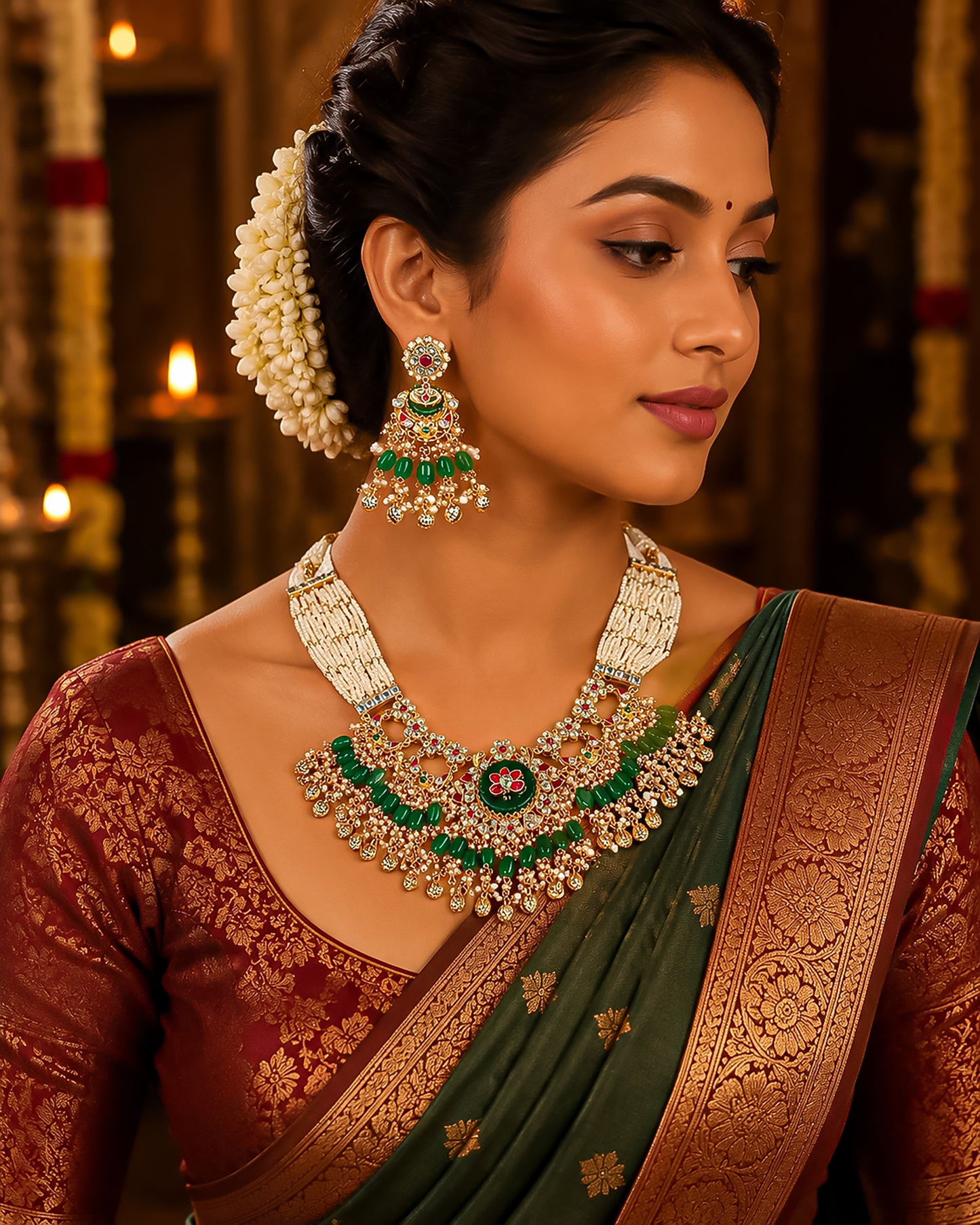 Kundan Pearl Choker Necklace Set with Green Beads, Indian Bridal Jewelry Set, Gold Polki Necklace with Earrings, Wedding Jewelry